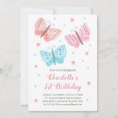 1e verjaardag Vlinderbloemen Waterverf Roze Kaart (Voorkant)
