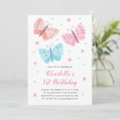 1e verjaardag Vlinderbloemen Waterverf Roze Kaart (Staand voorkant)