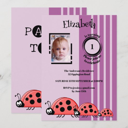 1e verjaardag voeg foto ladybugs rood paars toe kaart (Voorkant / Achterkant)