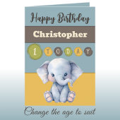 1e verjaardag Voeg naam jongen schattig olifant bl Kaart