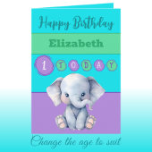 1e verjaardag Voeg naam meisje schattige olifant p Kaart