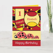 1e verjaardag voeg naam toe ladybugs rood geel kaart (Voorkant)