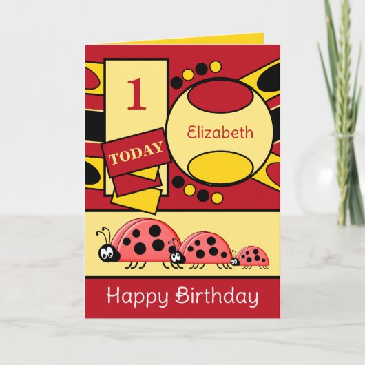 1e verjaardag voeg naam toe ladybugs rood geel kaart (Voorkant)