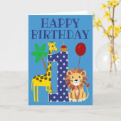 1e verjaardag voor een jongen met giraffe en leeuw kaart (Gele Bloem)