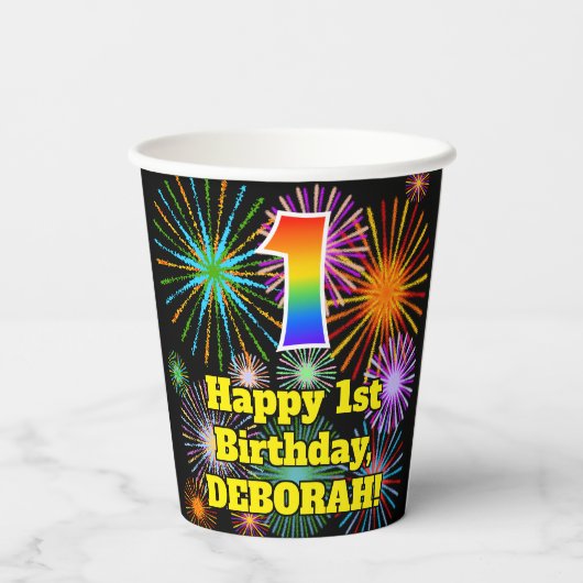 1e verjaardag: Vuurwapenpatroon met vuursteentje + Papieren Bekers (Achterkant)