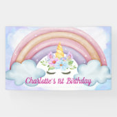 1e Verjaardag Waterverf Bloemen Eenhoorn Feest Spandoek (Horizontaal)