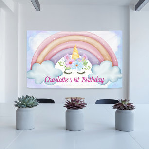 1e verjaardag waterverf bloemenkleurige eenhoorn f spandoek