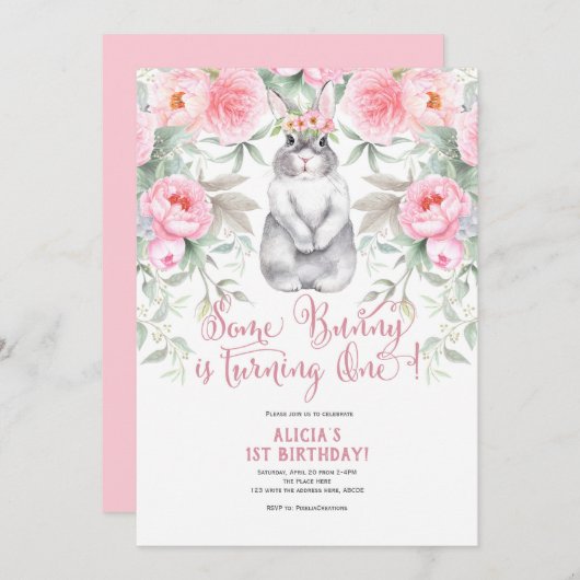 1e verjaardag, Waterverf Flower, Some bunny is one Kaart (Voorkant / Achterkant)