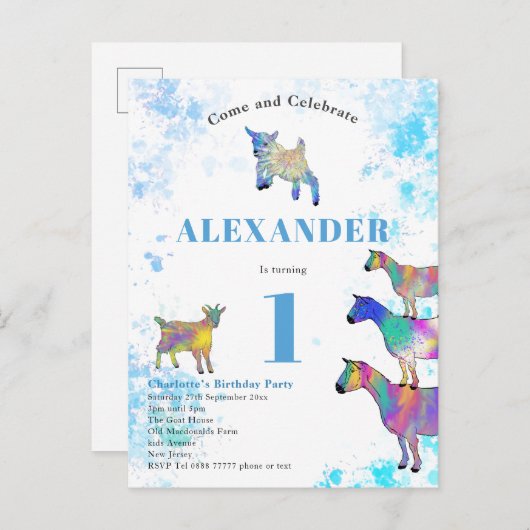 1e verjaardag Waterverf geiten Uitnodiging Briefkaart (Voorkant / Achterkant)