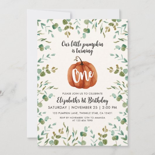 1e verjaardag Waterverf Pumpkin & Eucalyptus Kaart (Voorkant)