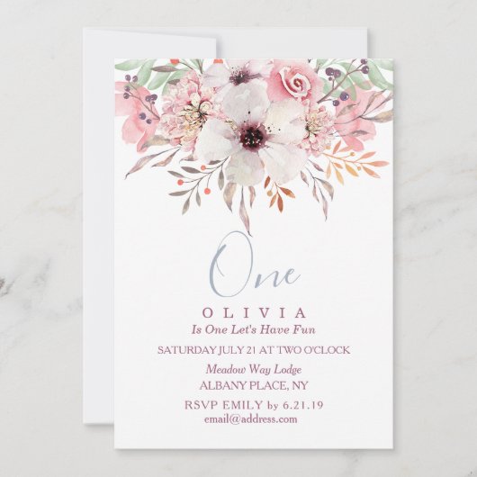 1e verjaardag Waterverf roze finale uitnodiging (Voorkant)