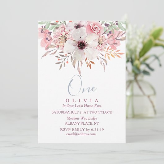 1e verjaardag Waterverf roze finale uitnodiging (Staand voorkant)