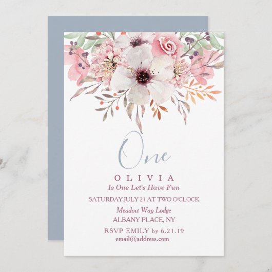 1e verjaardag Waterverf roze finale uitnodiging (Voorkant / Achterkant)