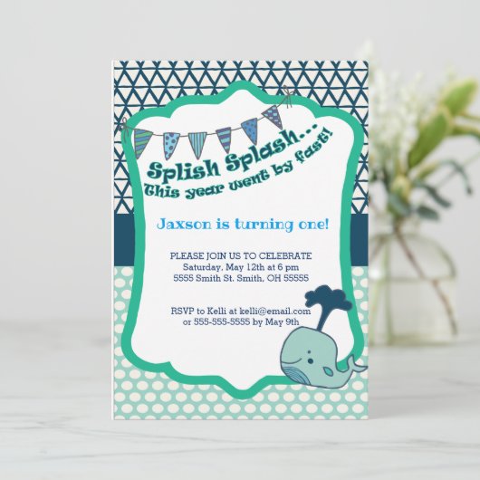 1e verjaardag Whale uitnodiging (Staand voorkant)