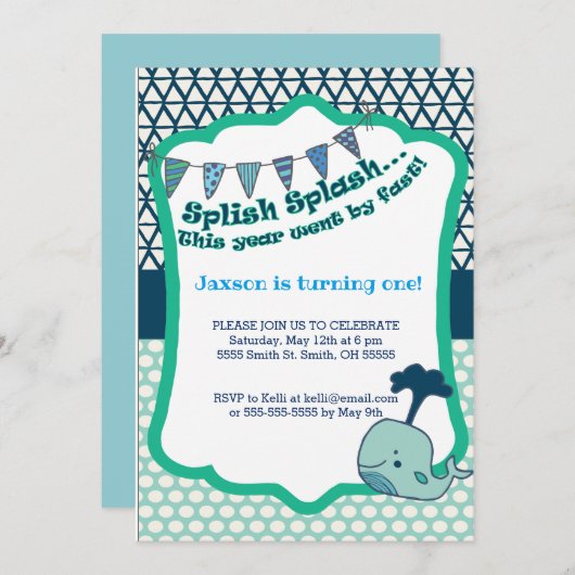 1e verjaardag Whale uitnodiging (Voorkant / Achterkant)
