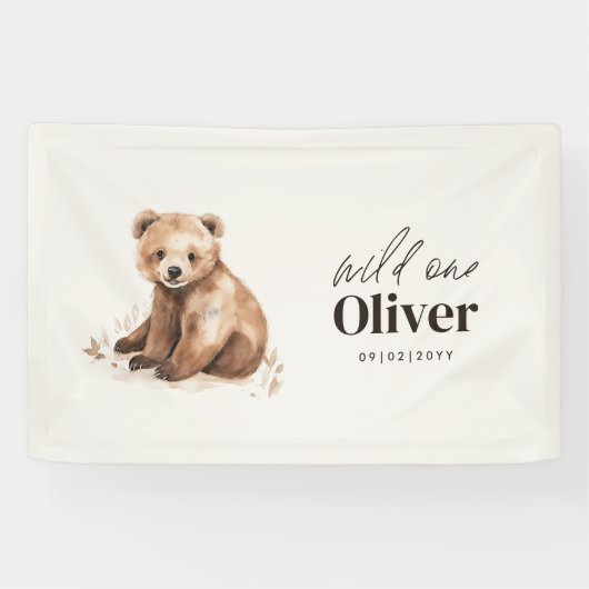 1e Verjaardag Wild Een beer modern elegant feest Spandoek (Horizontaal)