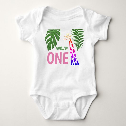 1e Verjaardag Wild One Pink Giraffe Safari Oerwoud Romper (Voorkant)