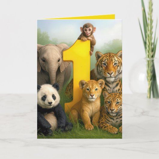 1e verjaardag Wilde Dieren Baby's Kaart (Voorkant)