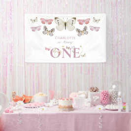 1e verjaardag Wildflower draait één vlinder Spandoek