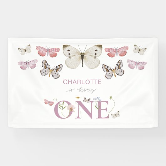 1e verjaardag Wildflower draait één vlinder Spandoek (Horizontaal)