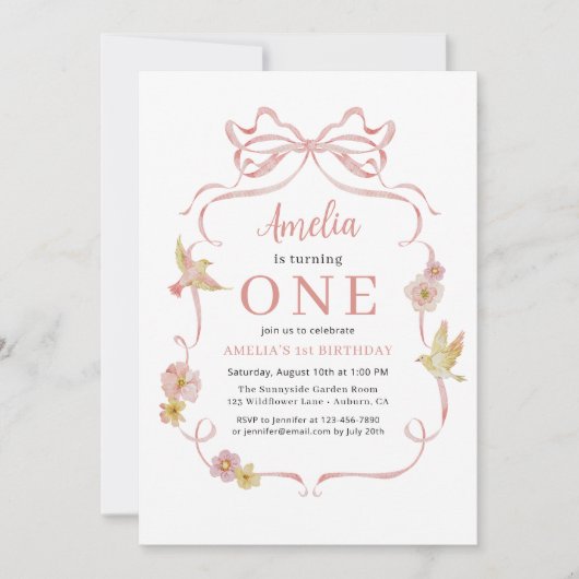 1e Verjaardag Wildflower Roze Coquette Bow Girl's Kaart (Voorkant)