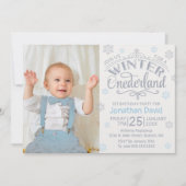 1e Verjaardag Winter Onederland Zilver Blauw Foto Kaart (Voorkant)