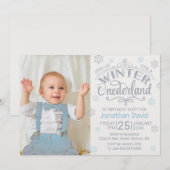 1e Verjaardag Winter Onederland Zilver Blauw Foto Kaart (Voorkant / Achterkant)