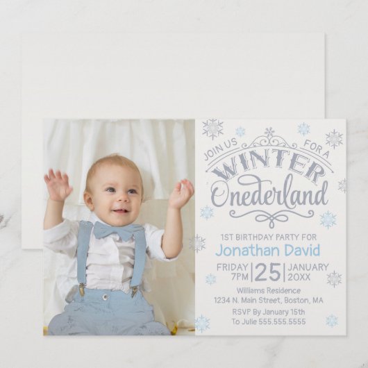 1e Verjaardag Winter Onederland Zilver Blauw Foto Kaart (Voorkant / Achterkant)