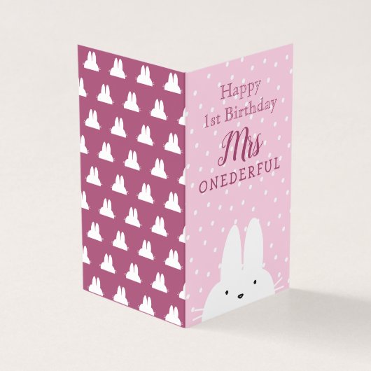 1e Verjaardag Winter Pink Bunny & Snowflakes Foto Kaart (Buitenkant)