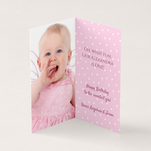 1e Verjaardag Winter Pink Bunny & Snowflakes Foto Kaart (Binnen)