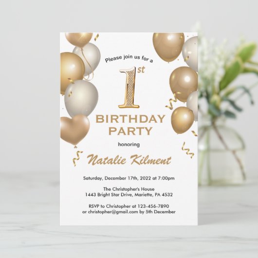 1e verjaardag Witte en gouden ballonnen Kaart (Staand voorkant)