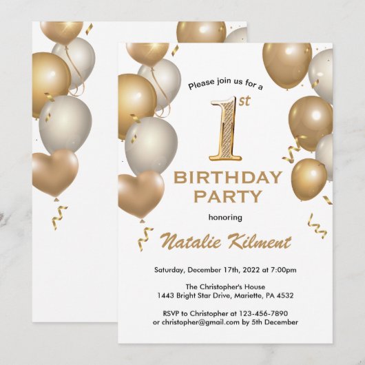 1e verjaardag Witte en gouden ballonnen Kaart (Voorkant / Achterkant)