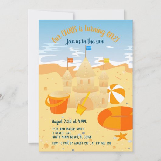 1e verjaardag zandkasteel en strand leuk feest kaart (Voorkant)