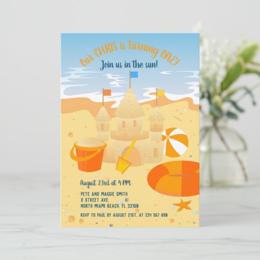 1e verjaardag zandkasteel en strand leuk feest kaart (Staand voorkant)