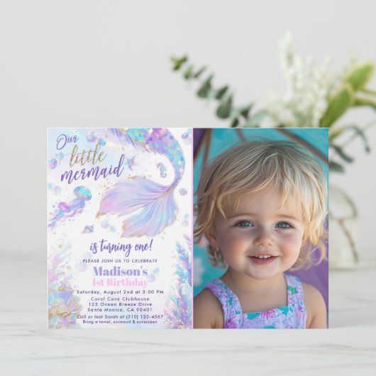1e verjaardag Zeemeermin Foto Verjaardag Kaart (Staand voorkant)