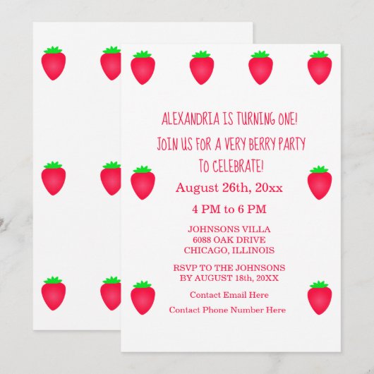 1e Verjaardag Zeer Berry Schattige Aardbei Party M Kaart (Voorkant / Achterkant)