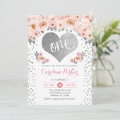 1e Verjaardag - Zilveren Hart Wit Roze Bloemen Kaart (Staand voorkant)