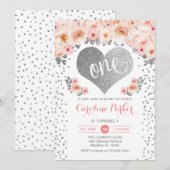 1e Verjaardag - Zilveren Hart Wit Roze Bloemen Kaart (Voorkant / Achterkant)