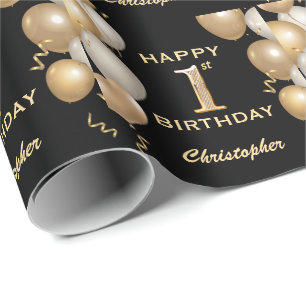 1e verjaardag Zwart en Goud Glitter Ballonnen Cadeaupapier