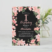 1e verjaardag: Zwarte achtergrond roze bloemen blo Kaart (Staand voorkant)