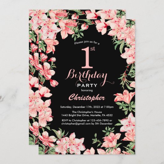 1e verjaardag: Zwarte achtergrond roze bloemen blo Kaart (Voorkant / Achterkant)