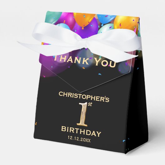 1e verjaardag Zwarte en gouden ballonnen Bedankdoosjes (Voorkant Zijde)