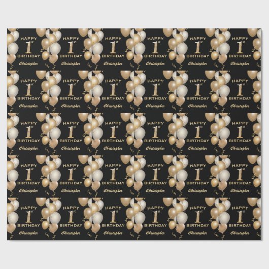 1e verjaardag zwarte en gouden ballonnen cadeaupapier (Vlak)