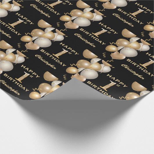 1e verjaardag zwarte en gouden ballonnen cadeaupapier (Hoek)