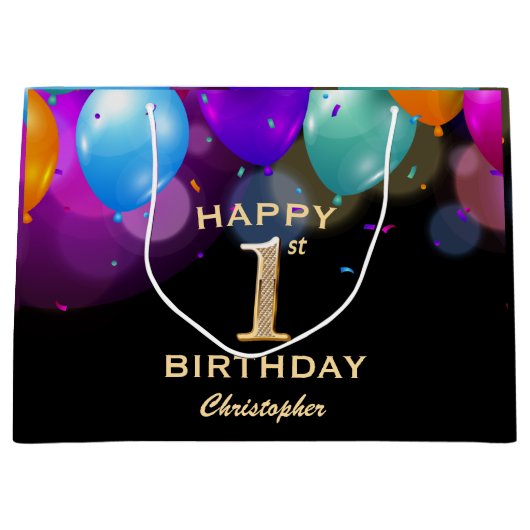 1e verjaardag Zwarte en gouden ballonnen Groot Cadeauzakje (Voorkant)