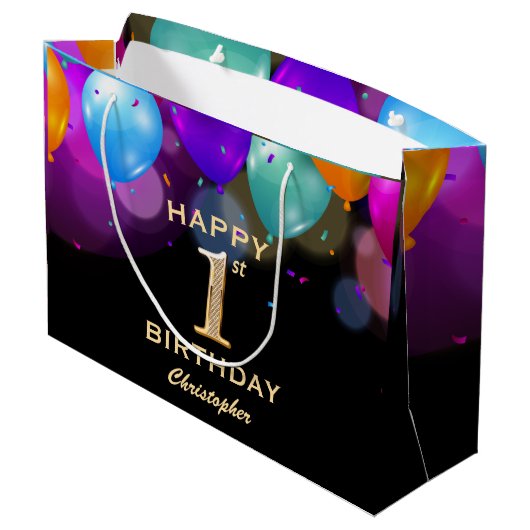 1e verjaardag Zwarte en gouden ballonnen Groot Cadeauzakje (Achterkant Gekanteld)