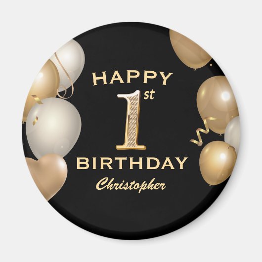1e verjaardag Zwarte en gouden ballonnen Magneet (Voorkant)