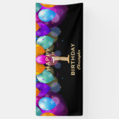 1e verjaardag Zwarte en gouden ballonnen Spandoek (Verticaal)