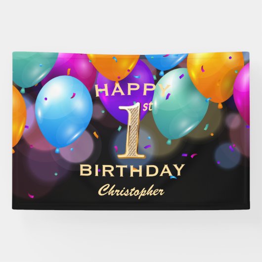 1e verjaardag Zwarte en gouden ballonnen Spandoek (Horizontaal)