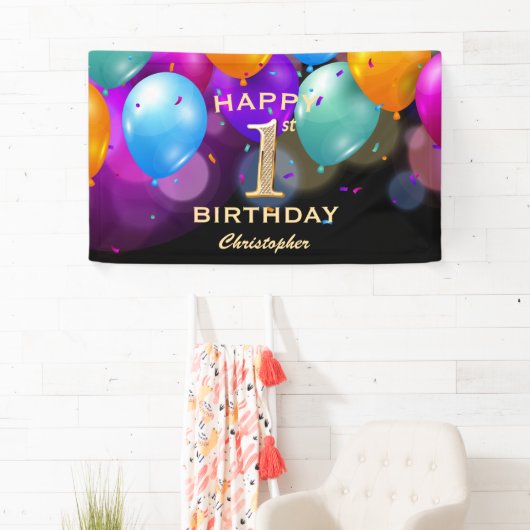1e verjaardag Zwarte en gouden ballonnen Spandoek (Insitu)